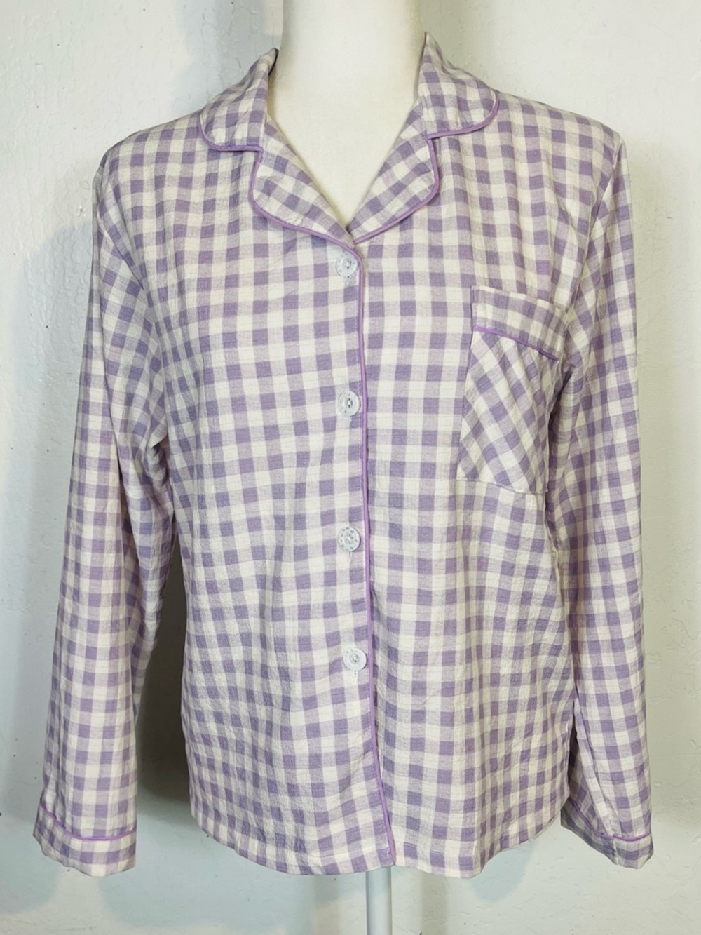 Women's Size Small S Button Down Gingham Pajama Top Shirt Purple White Pocket